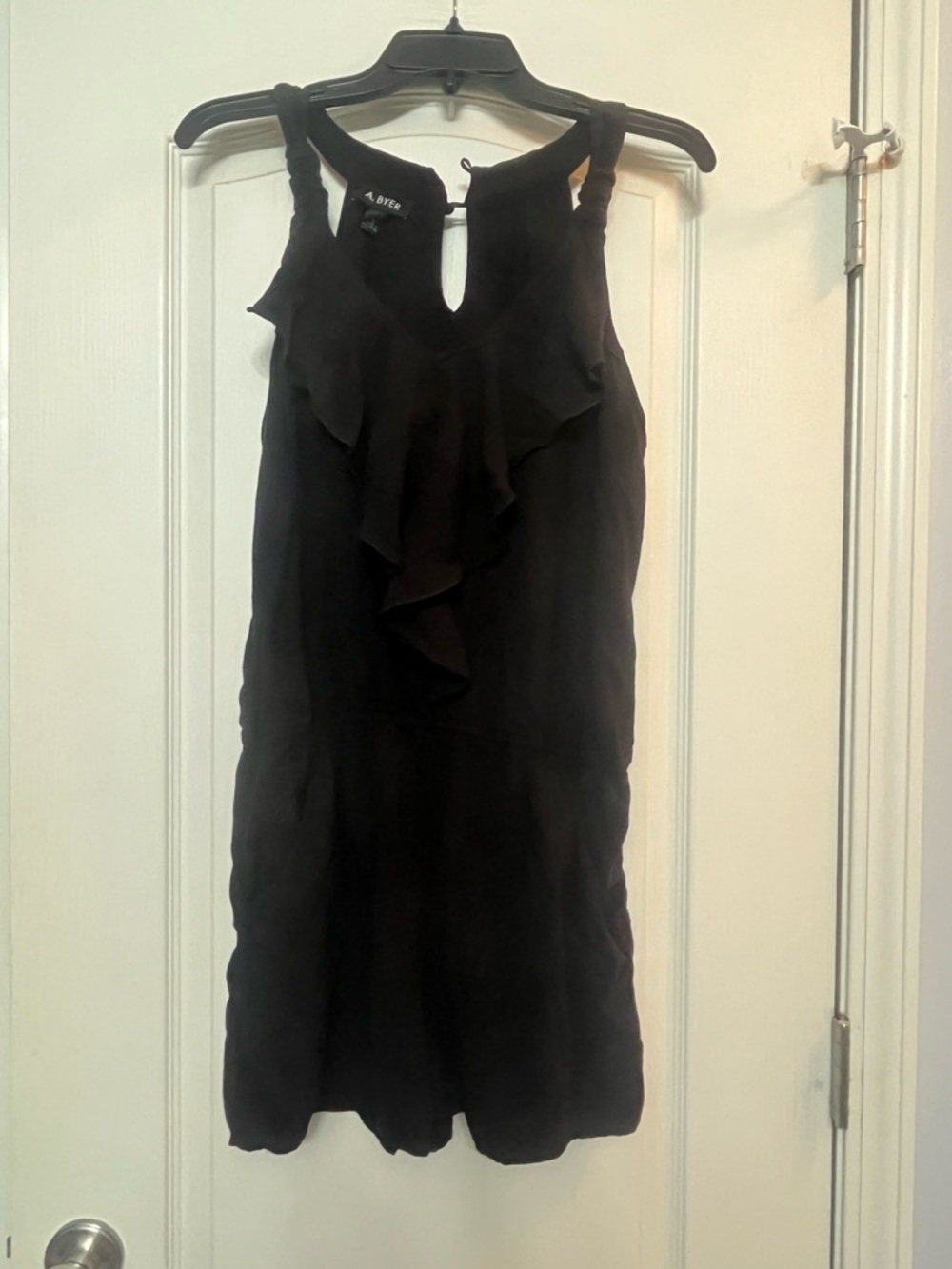 A. Byer Black Sleeveless Ruffle-Front Romper